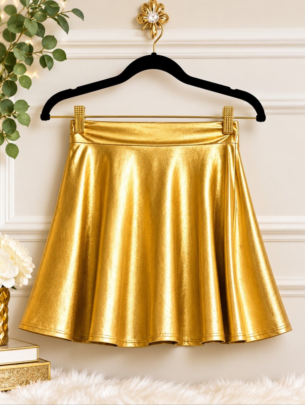 Gold Metallic Skater Skirt Shiny Liquid Mini Flared High Waist Rave Y2K Festival